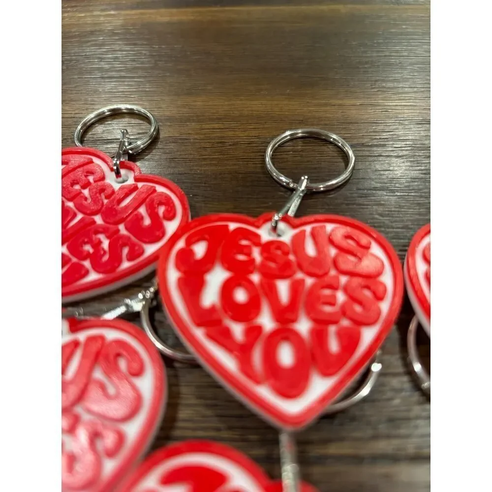Jesus Loves You Heart Keychain | Red White Retro Christian Faith Gift (10 Pack)